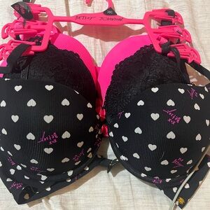 Betsey Johnson Black and Pink Heart Lace Bra Set